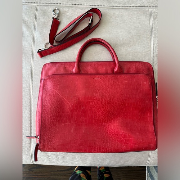 Lodis red briefcase / computer bag croc embossed with strap - Picture 2 of 6